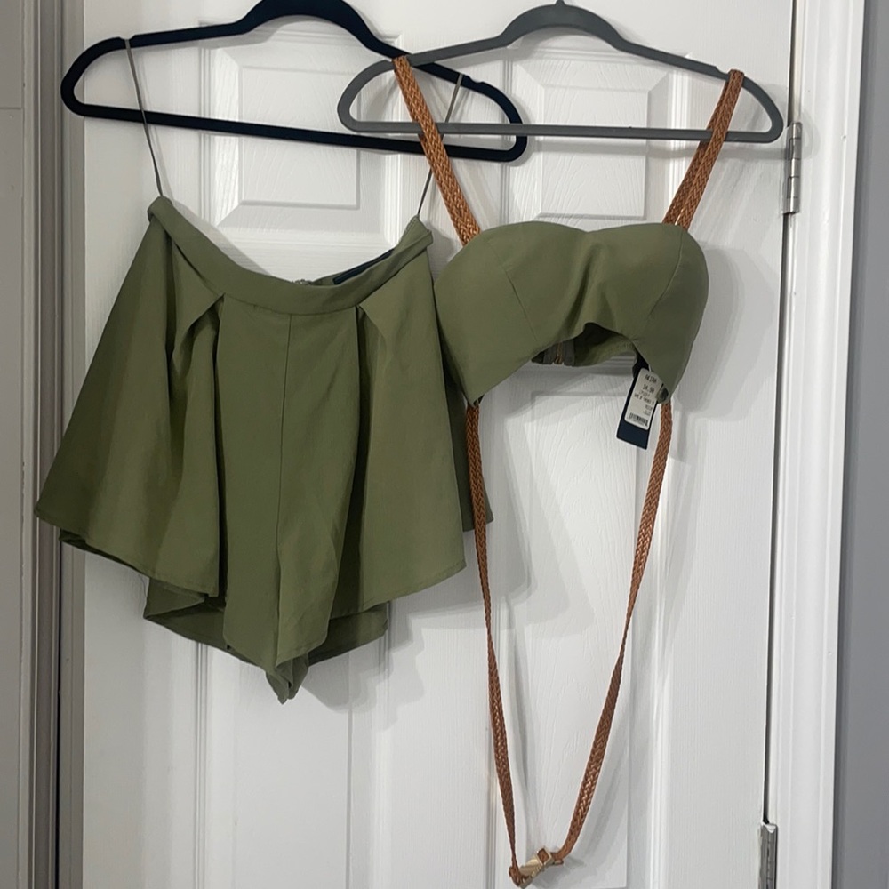 Olive green 2pc short set crop top with straps